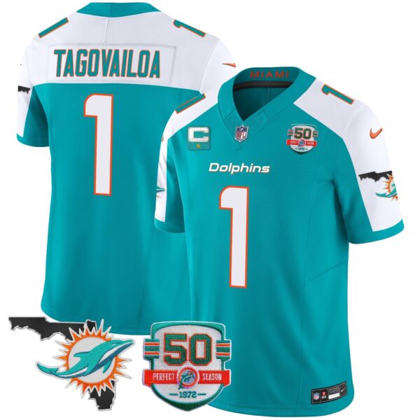 Dolphins 50th Perfect Season & Florida Patch Vapor Jersey – All Stitched – Aqua Alternate – Tua Tagovailoa Jersey