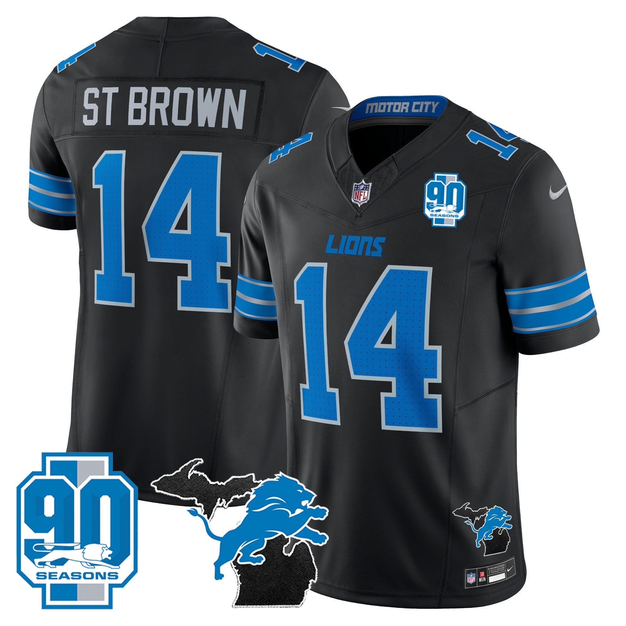 Detroit Lions 2024 Michigan & 90th Year Patch Vapor Jersey – All Stitched – Black – St. Brown Jersey