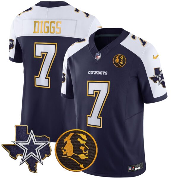 Cowboys Texas & John Madden Patch Gold Trim Vapor Jersey – All Stitched – Navy Alternate – Trevon Diggs Jersey
