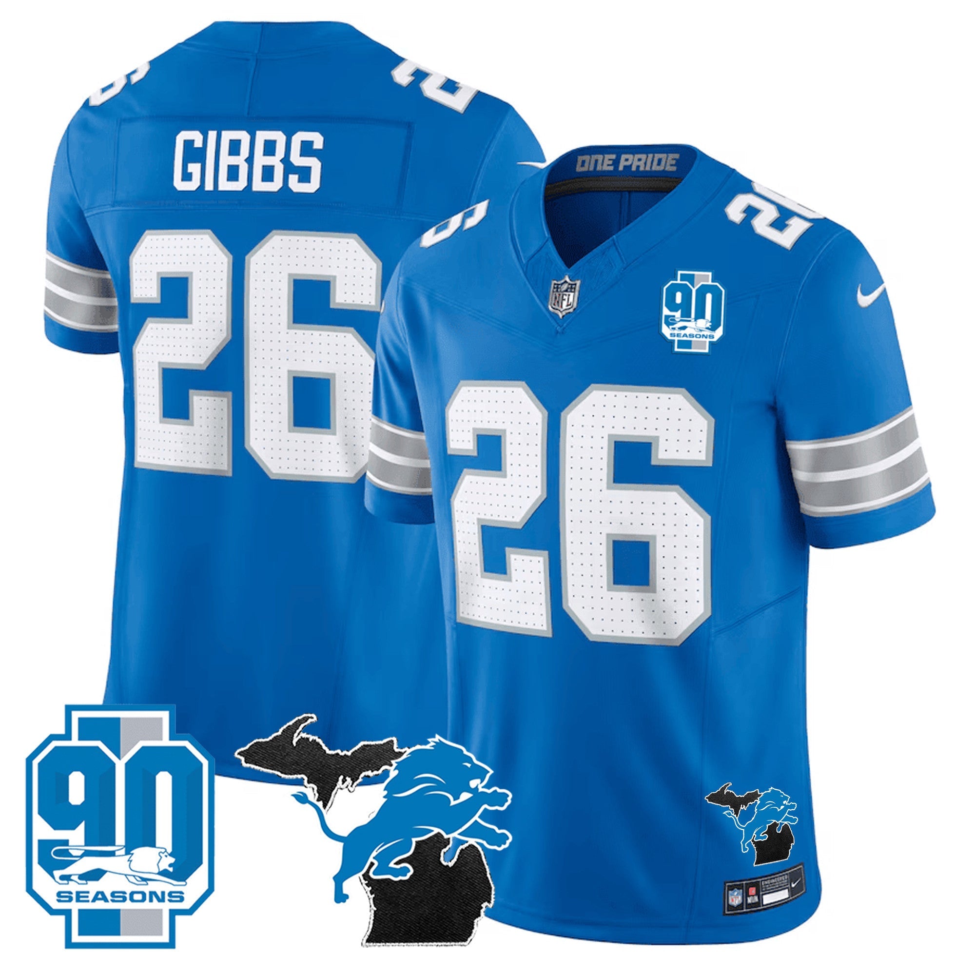 Detroit Lions 2024 Michigan & 90th Year Patch Vapor Jersey – All Stitched – Blue – Jahmyr Gibbs Jersey