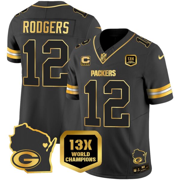 Packers 13 Time World Champions & Home Patch Gold Vapor Jersey V2 – All Stitched – Black Gold – Aaron Rodgers Jersey