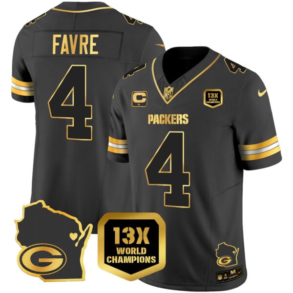 Packers 13 Time World Champions & Home Patch Gold Vapor Jersey V2 – All Stitched – Black Gold – Brett Favre Jersey