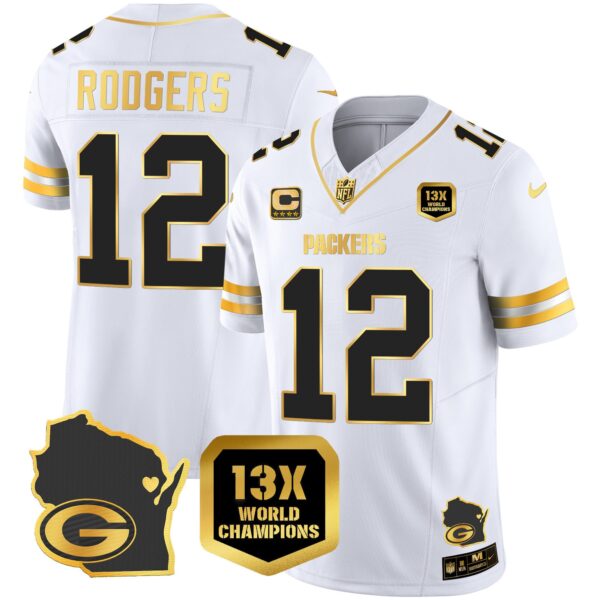Packers 13 Time World Champions & Home Patch Gold Vapor Jersey V2 – All Stitched – White Gold – Aaron Rodgers Jersey
