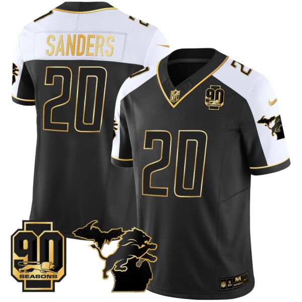Detroit Lions 90th Year & Michigan Patch Gold Vapor Jersey – All Stitched – Alternate – Barry Sanders Jersey