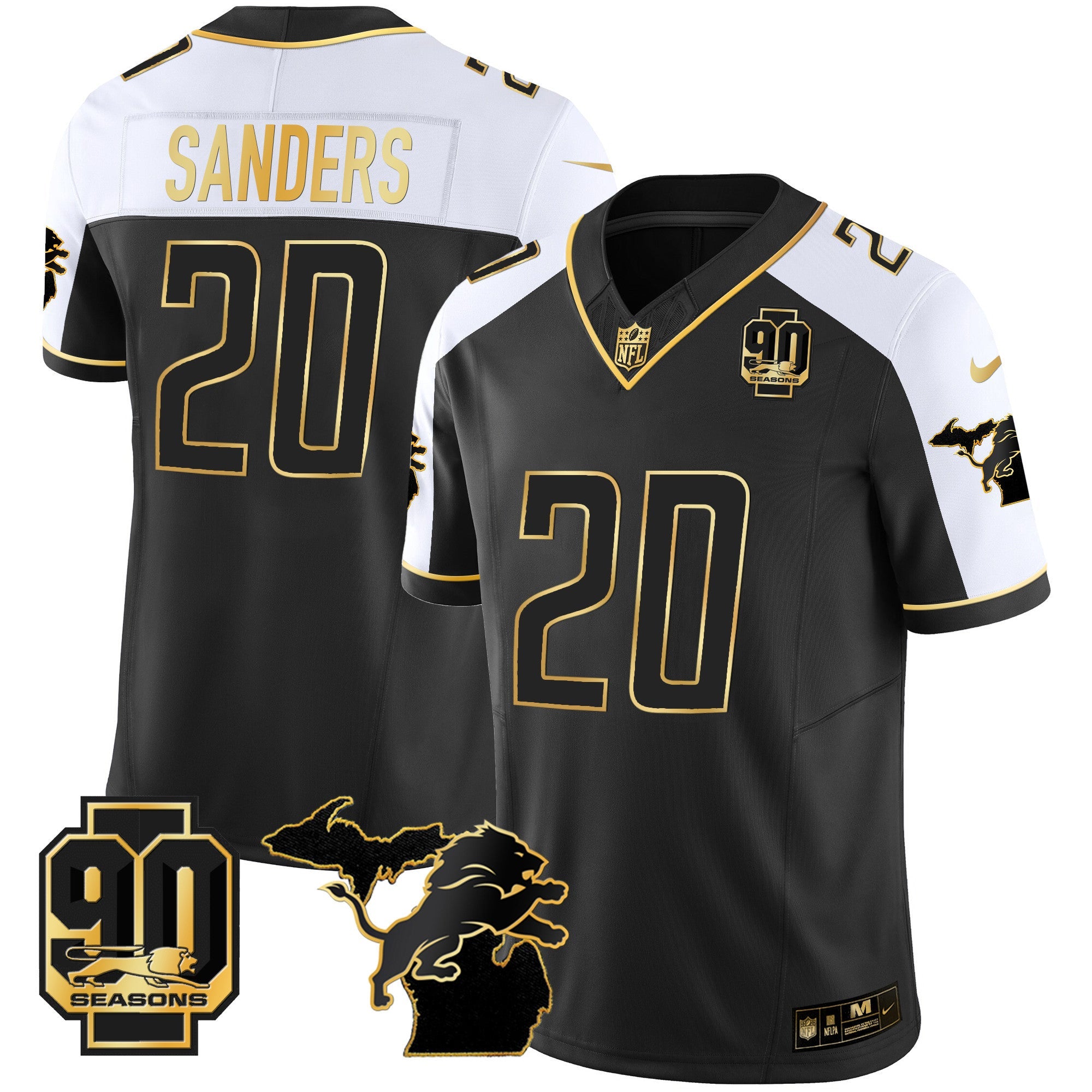 Detroit Lions 90th Year & Michigan Patch Gold Vapor Jersey – All Stitched – Alternate – Barry Sanders Jersey