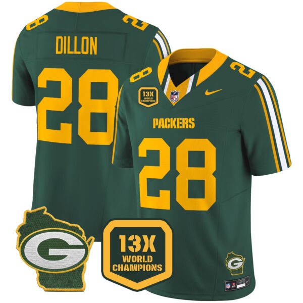 Packers 13 Time World Champions & Home Patch Vapor Limited Jersey – All Stitched – Green – AJ Dillon Jersey