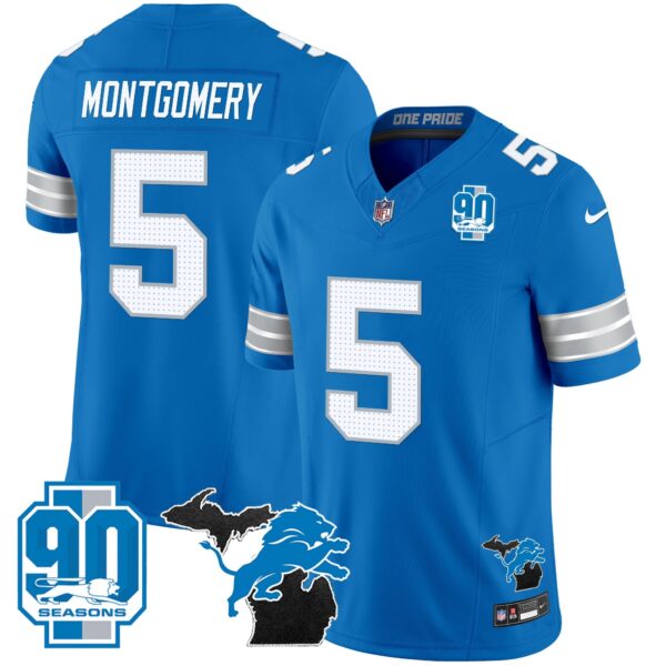 Detroit Lions 2024 Michigan & 90th Year Patch Vapor Jersey – All Stitched – Blue – David Montgomery Jersey