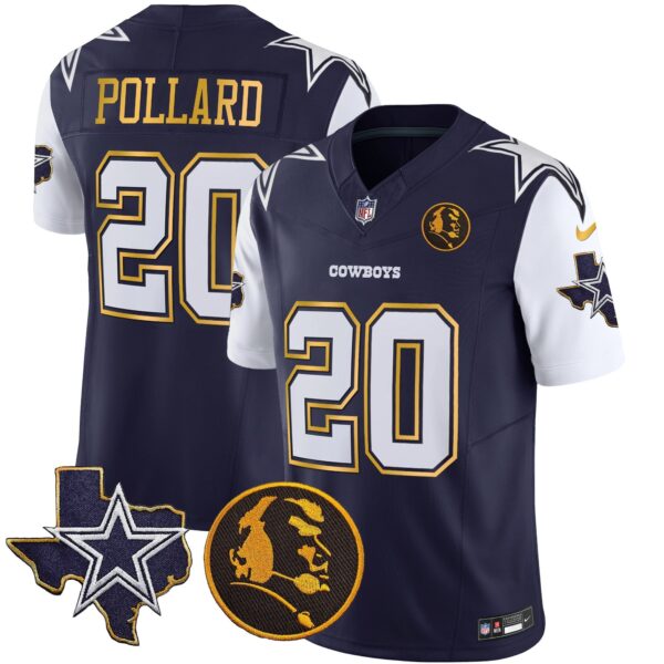 Cowboys Texas & John Madden Patch Gold Trim Vapor Jersey – All Stitched – Navy – Tony Pollard Jersey