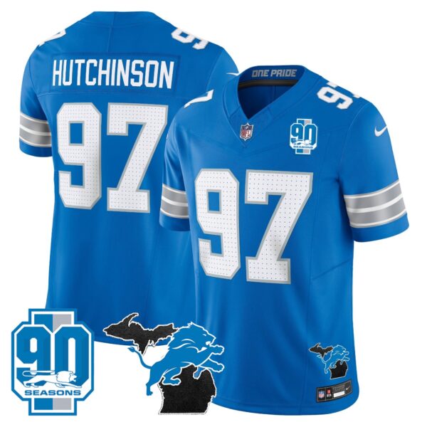 Detroit Lions 2024 Michigan & 90th Year Patch Vapor Jersey – All Stitched – Blue – Hutchinson Jersey
