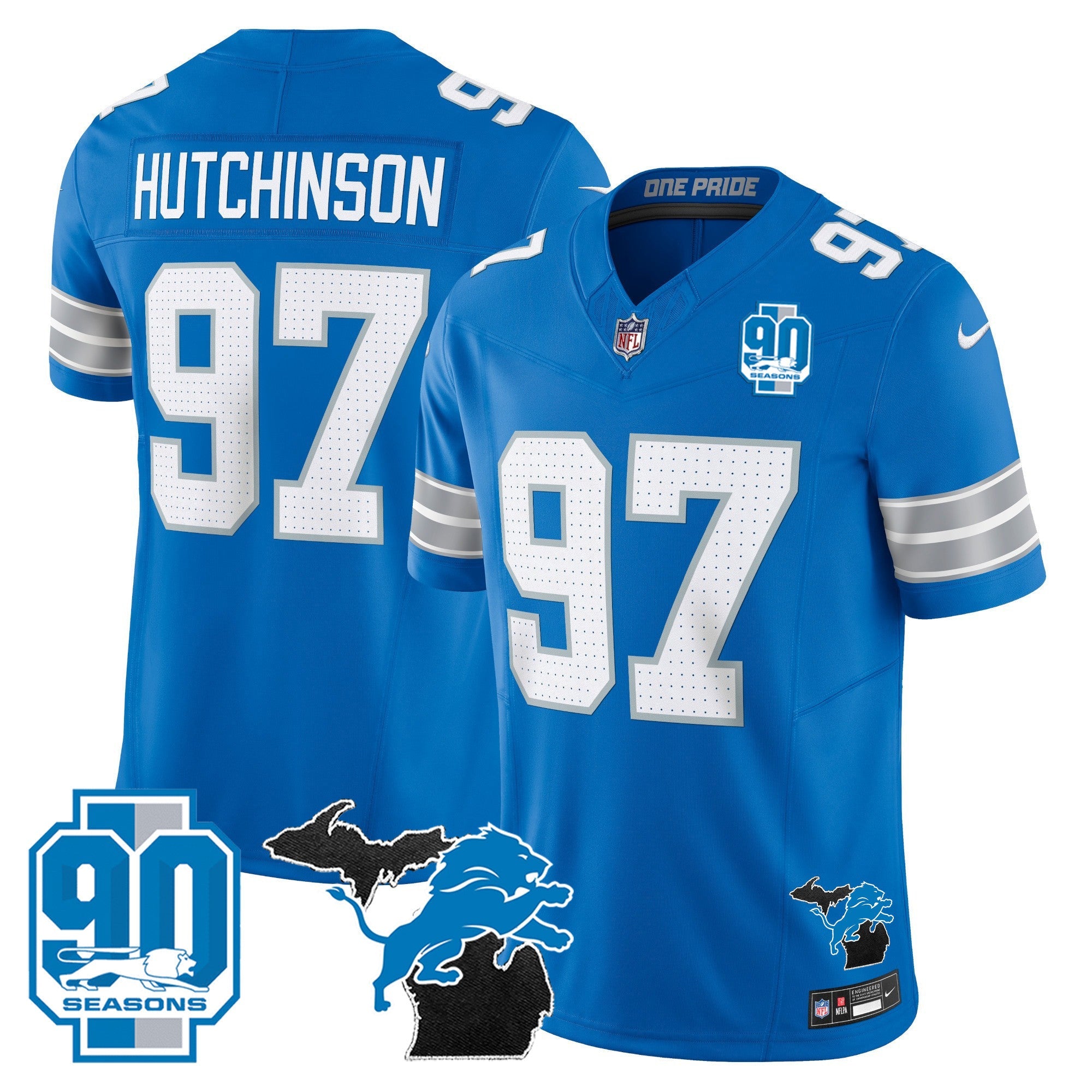 Detroit Lions 2024 Michigan & 90th Year Patch Vapor Jersey – All Stitched – Blue – Hutchinson Jersey