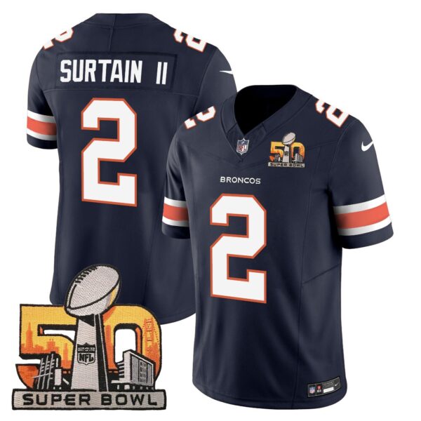 Denver Broncos Super Bowl 50 Patch Vapor Jersey – All Stitched – Navy – Patrick Surtain II Jersey