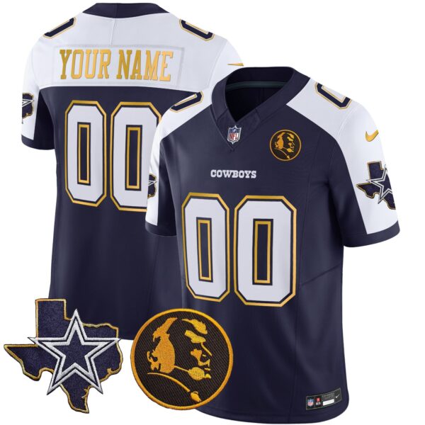Cowboys Texas & John Madden Patch Gold Trim Vapor Custom Jersey – All Stitched – Navy Alternate Jersey