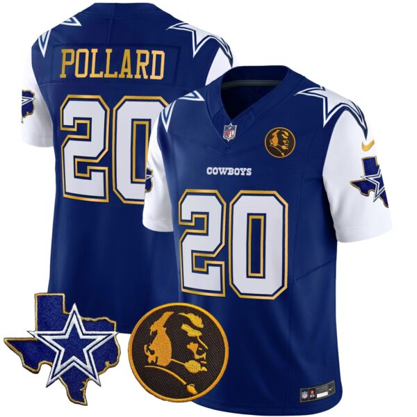 Cowboys Texas & John Madden Patch Gold Trim Vapor Jersey – All Stitched – Royal – Tony Pollard Jersey