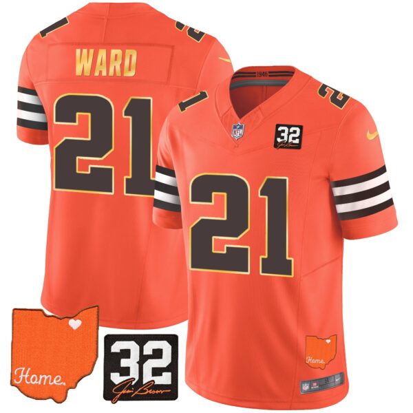Browns #32 Jim Brown Memorial & Home Patch Gold Trim Jersey – All Stitched – Orange – Denzel Ward Jersey