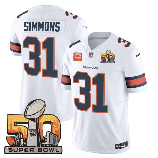 Denver Broncos Super Bowl 50 Patch Vapor Jersey – All Stitched – White – Justin Simmons Jersey