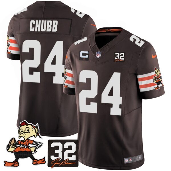 Browns #32 Jim Brown Memorial Patch Vapor Limited Jersey V2 – All Stitched – Brown – Nick Chubb Jersey