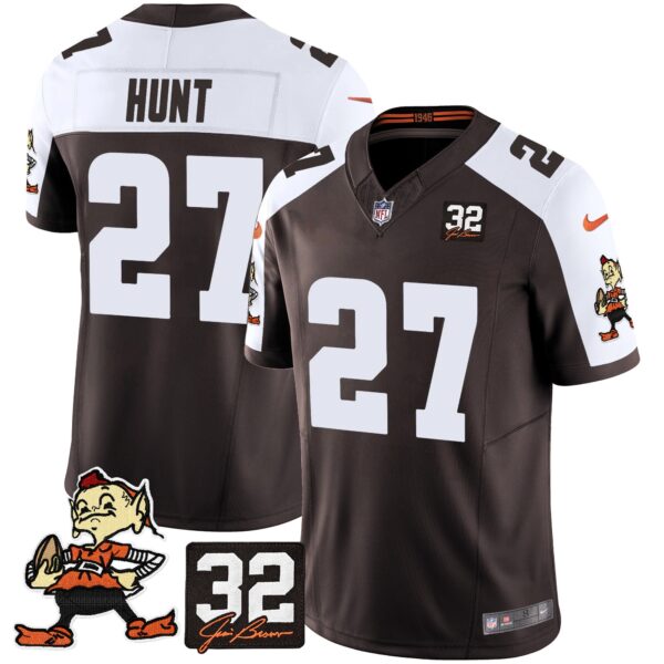 Browns #32 Jim Brown Memorial Patch Vapor Limited Jersey V2 – All Stitched – Alternate – Kareem Hunt Jersey
