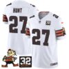 Browns #32 Jim Brown Memorial Patch Vapor Limited Jersey V2 – All Stitched – White – Kareem Hunt Jersey