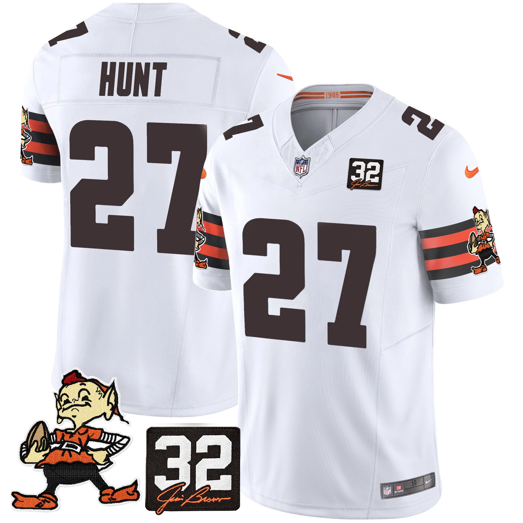 Browns #32 Jim Brown Memorial Patch Vapor Limited Jersey V2 – All Stitched – White – Kareem Hunt Jersey