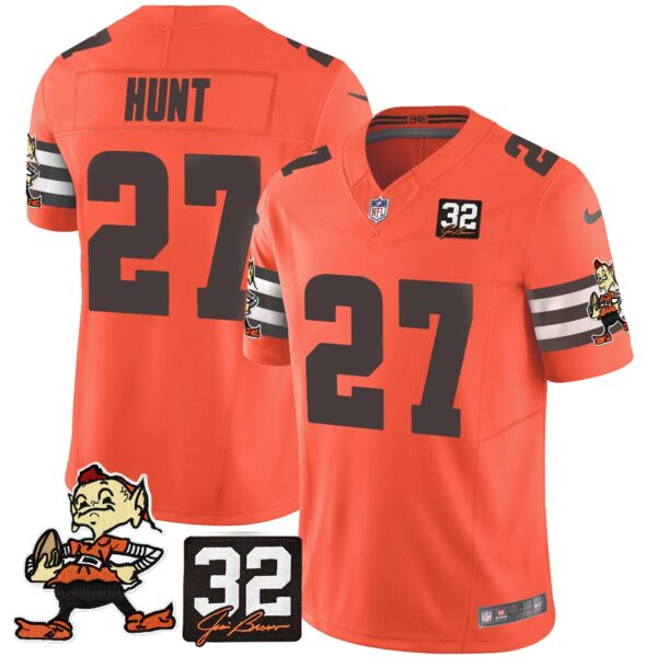 Browns #32 Jim Brown Memorial Patch Vapor Limited Jersey V2 – All Stitched – Orange – Kareem Hunt Jersey