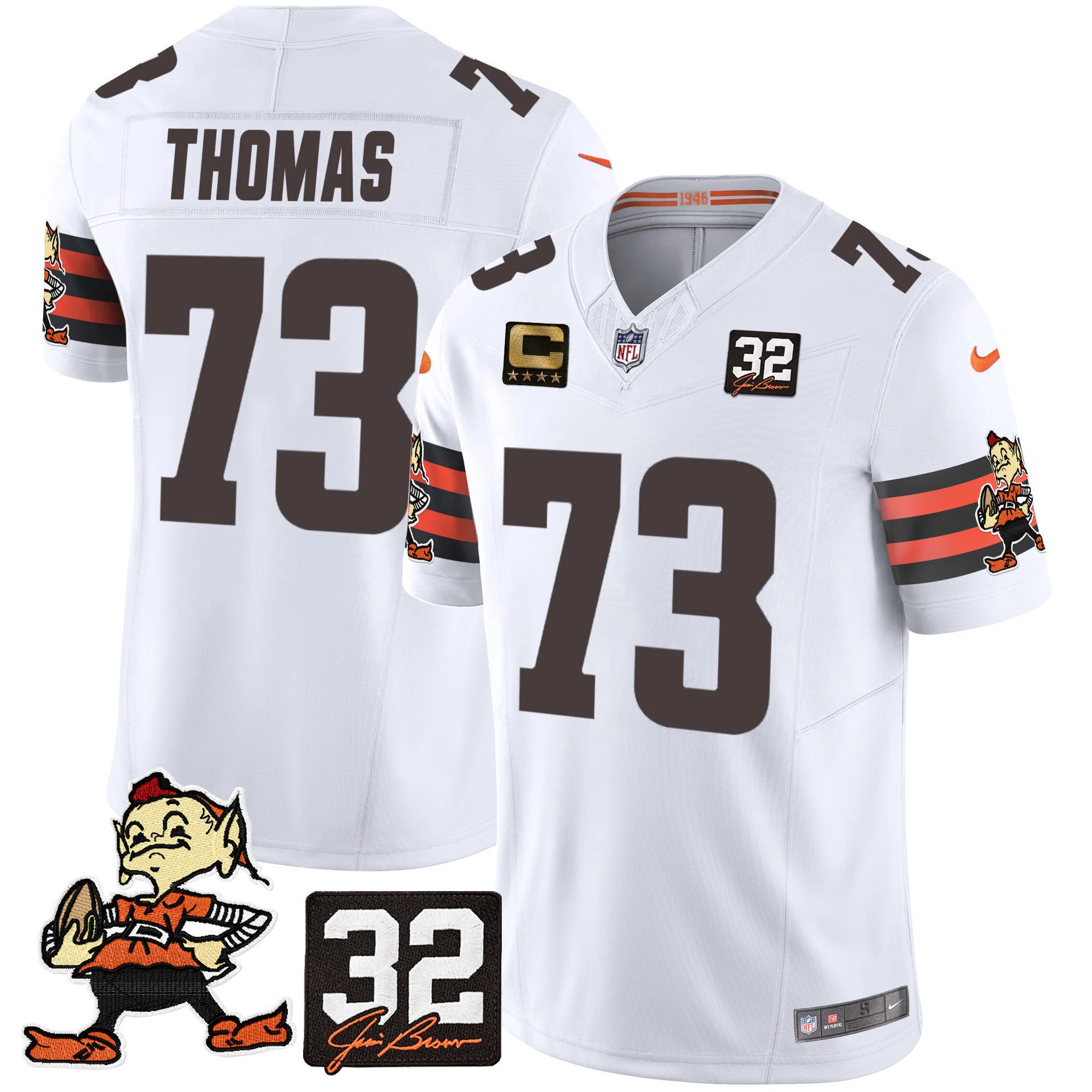 Browns #32 Jim Brown Memorial Patch Vapor Limited Jersey V2 – All Stitched – White – Joe Thomas Jersey