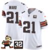 Browns #32 Jim Brown Memorial Patch Vapor Limited Jersey V2 – All Stitched – White – Denzel Ward Jersey