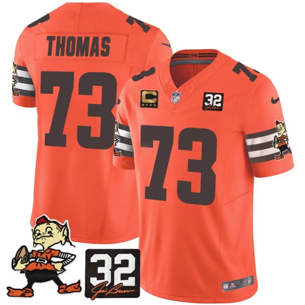 Browns #32 Jim Brown Memorial Patch Vapor Limited Jersey V2 – All Stitched – Orange – Joe Thomas Jersey