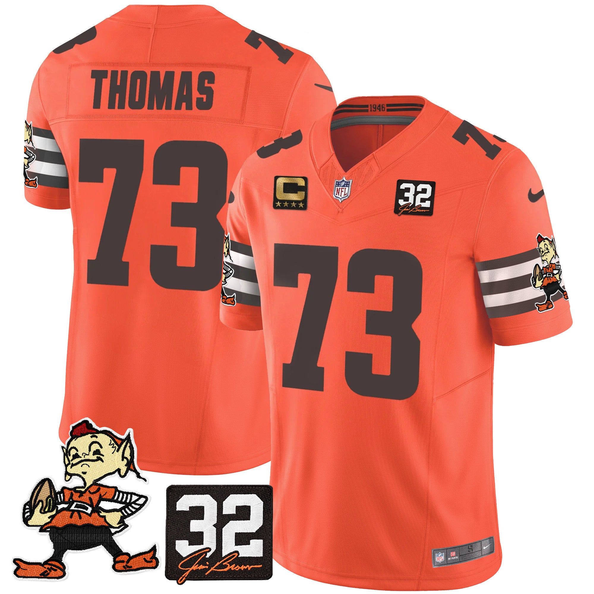 Browns #32 Jim Brown Memorial Patch Vapor Limited Jersey V2 – All Stitched – Orange – Joe Thomas Jersey