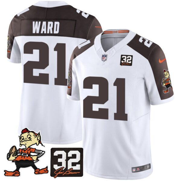 Browns #32 Jim Brown Memorial Patch Vapor Limited Jersey V2 – All Stitched – Inverted – Denzel Ward Jersey