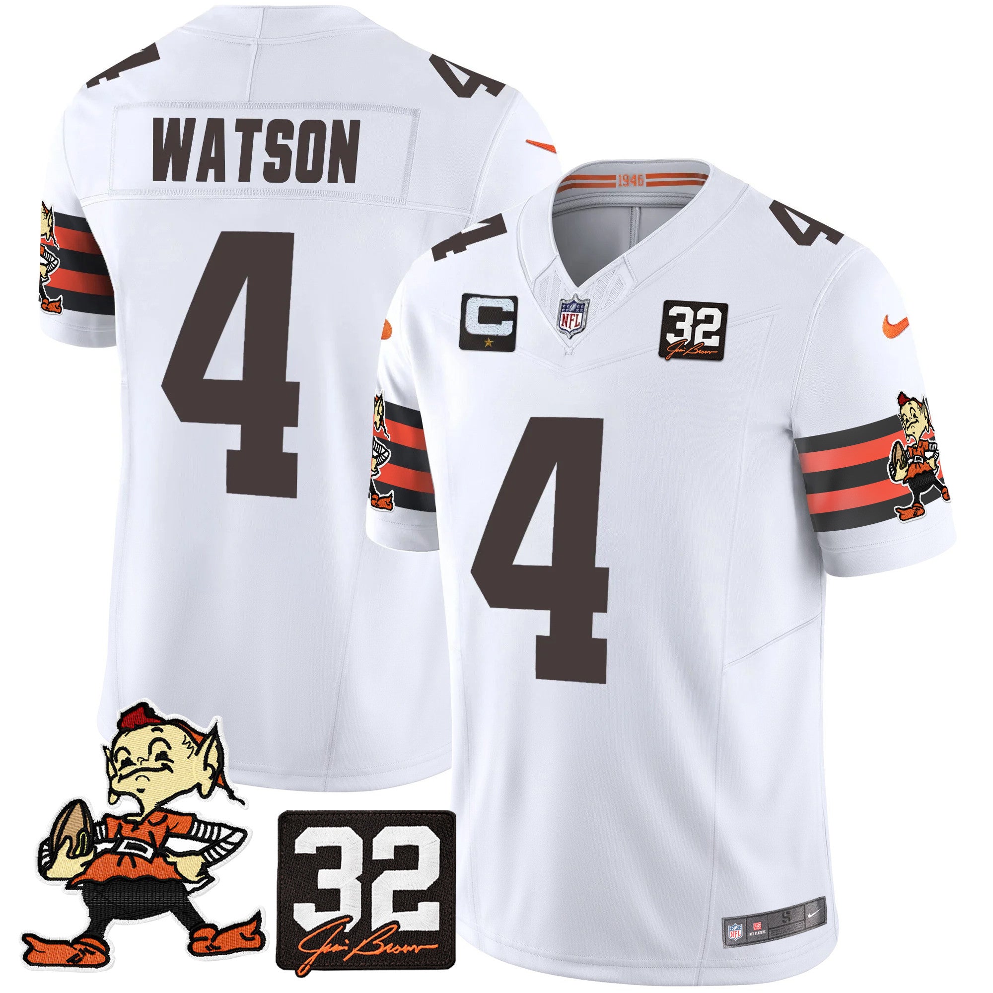 Browns #32 Jim Brown Memorial Patch Vapor Limited Jersey V2 – All Stitched – White – Deshaun Watson Jersey