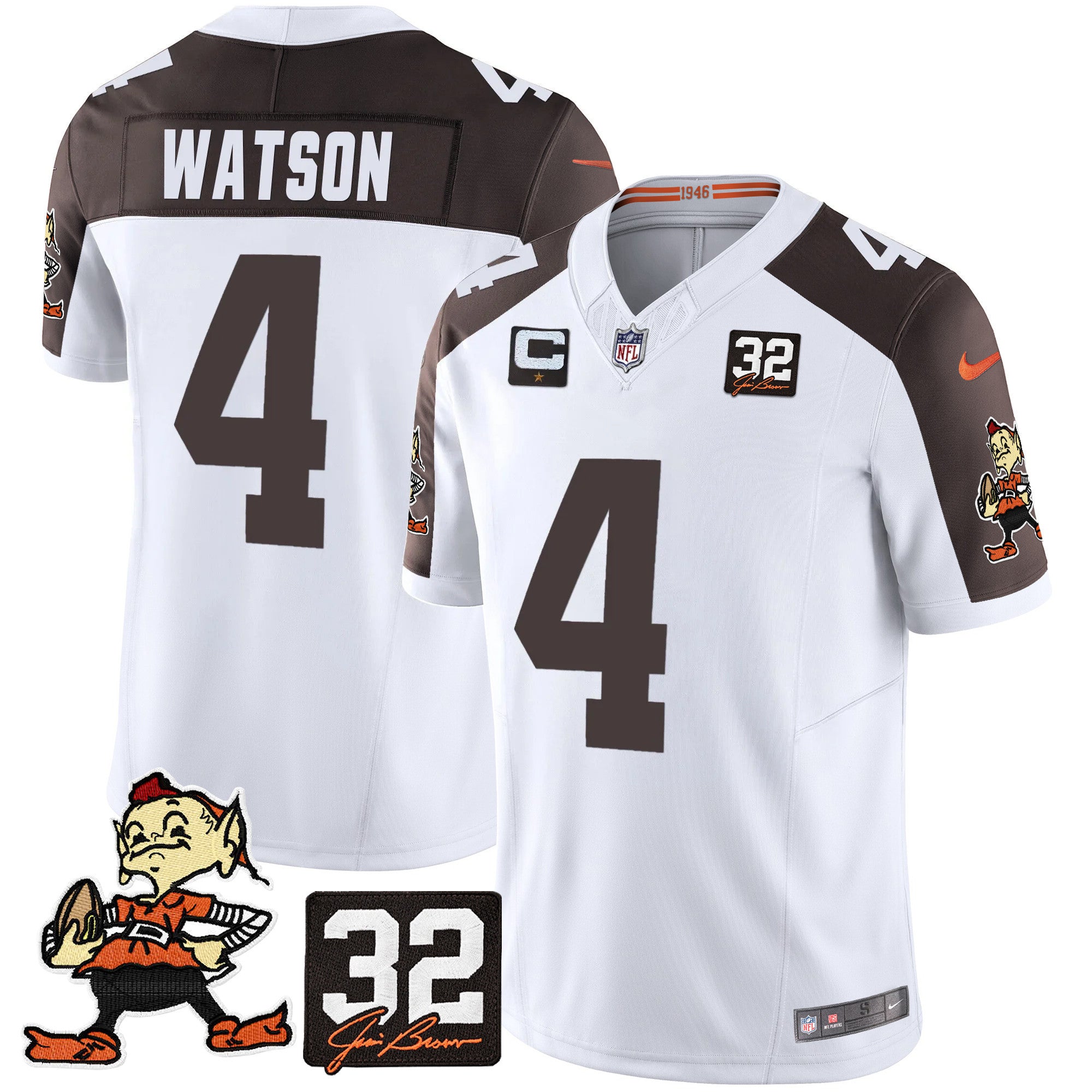 Browns #32 Jim Brown Memorial Patch Vapor Limited Jersey V2 – All Stitched – Inverted – Deshaun Watson Jersey