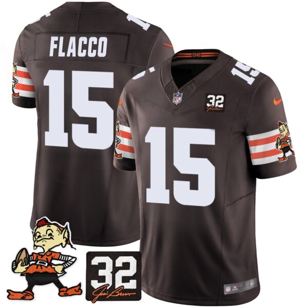 Browns #32 Jim Brown Memorial Patch Vapor Limited Jersey V2 – All Stitched – Brown – Joe Flacco Jersey