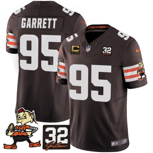 Browns #32 Jim Brown Memorial Patch Vapor Limited Jersey V2 – All Stitched – Brown – Myles Garrett Jersey
