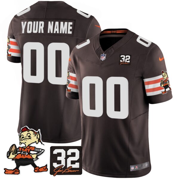 Browns #32 Jim Brown Memorial Patch Vapor Limited Custom Jersey V2 – All Stitched – Brown Jersey