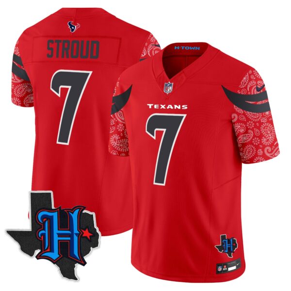Houston Texans 2024 Texas Patch Vapor Limited Jersey V4 – All Stitched – Red – C.J. Stroud Jersey