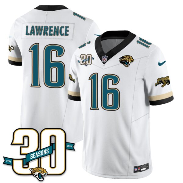 Jacksonville Jaguars 1990s Throwback Uniforms – All Stitched – White – Trevor Lawrence – 16 Jersey