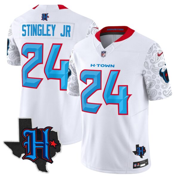 Houston Texans 2024 Texas Patch Vapor Limited Jersey V4 – All Stitched – White – Derek Stingley Jr. Jersey