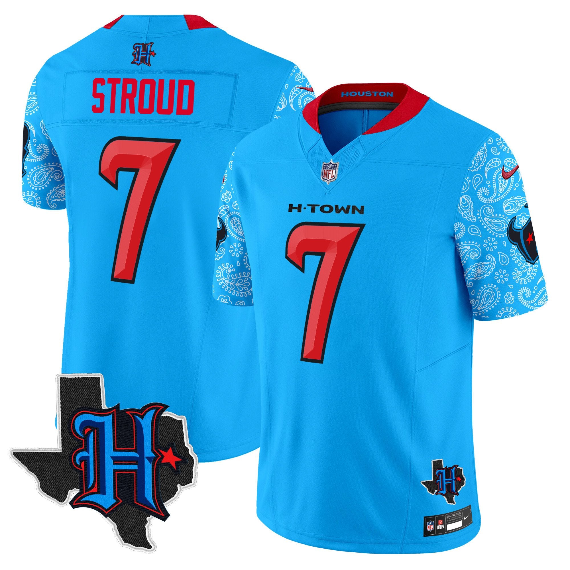 Houston Texans 2024 Texas Patch Vapor Limited Jersey V4 – All Stitched – Blue – C.J. Stroud Jersey