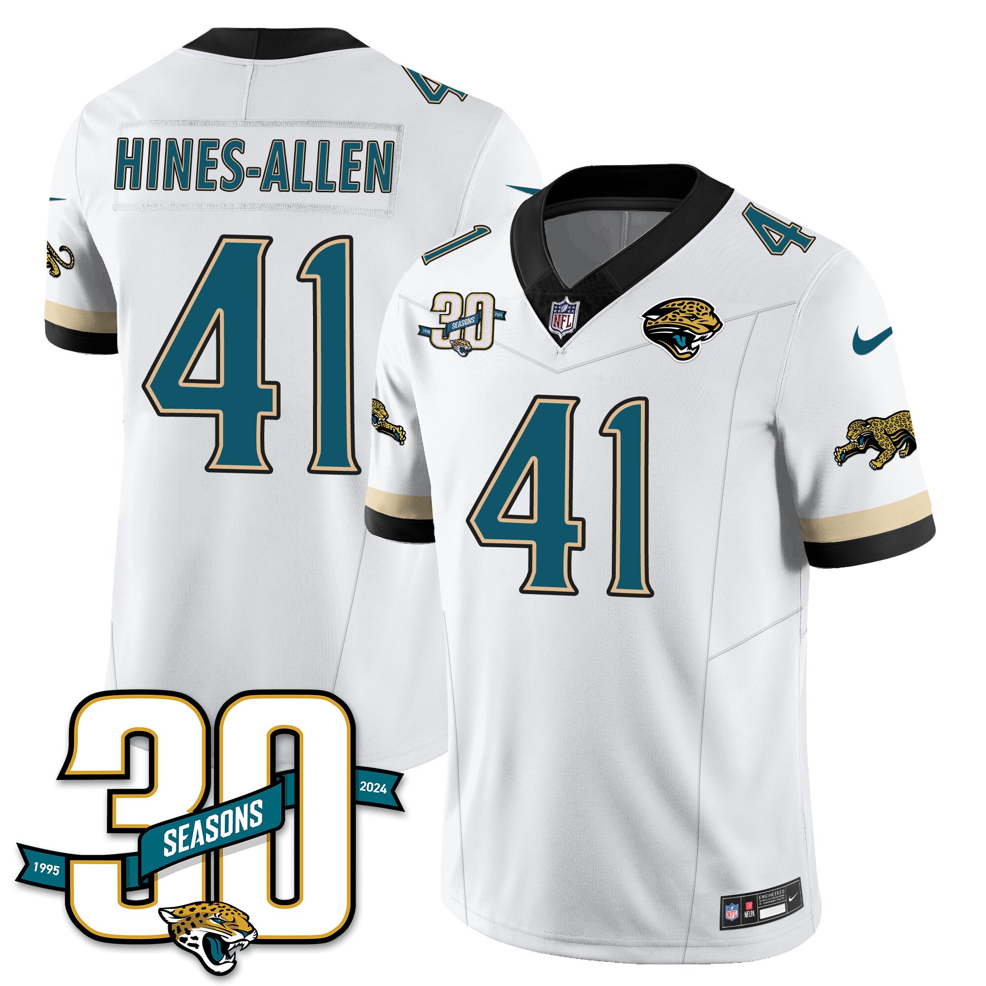 Jacksonville Jaguars 1990s Throwback Uniforms – All Stitched – White – Josh Hines-Allen – 41 Jersey