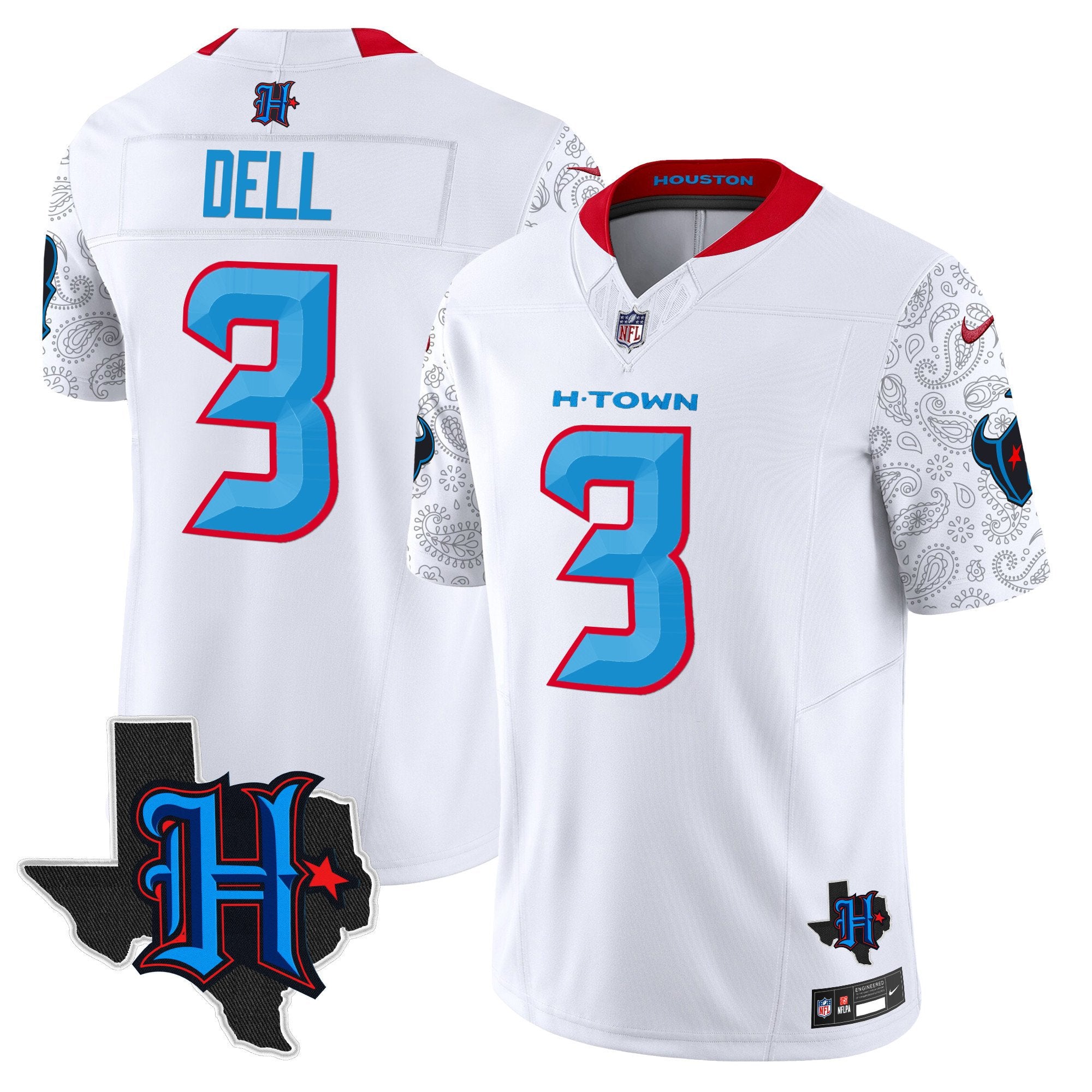 Houston Texans 2024 Texas Patch Vapor Limited Jersey V4 – All Stitched – White – Tank Dell Jersey