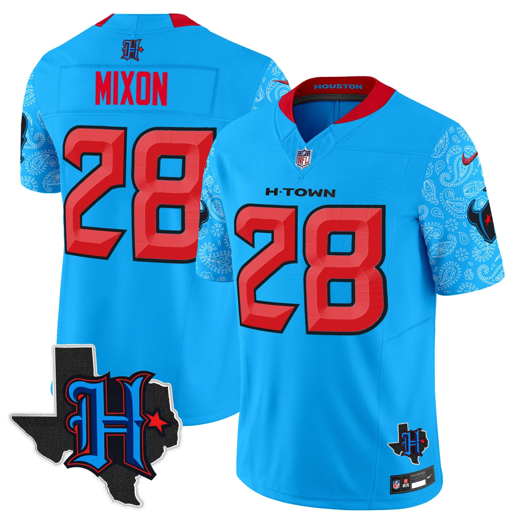 Houston Texans 2024 Texas Patch Vapor Limited Jersey V4 – All Stitched – Blue – Joe Mixon Jersey