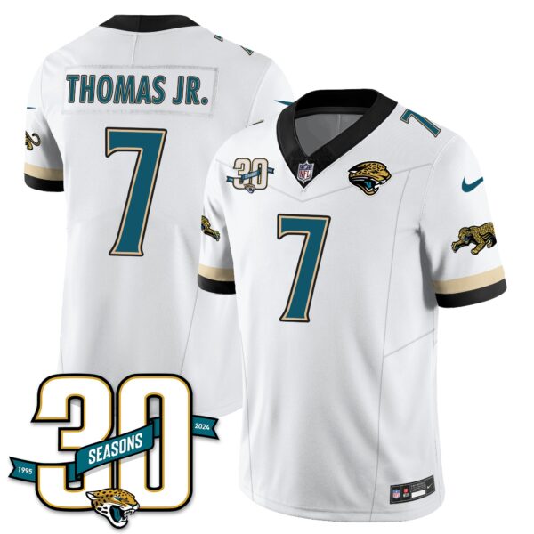 Jacksonville Jaguars 1990s Throwback Uniforms – All Stitched – White – Brian Thomas Jr. – 7 Jersey