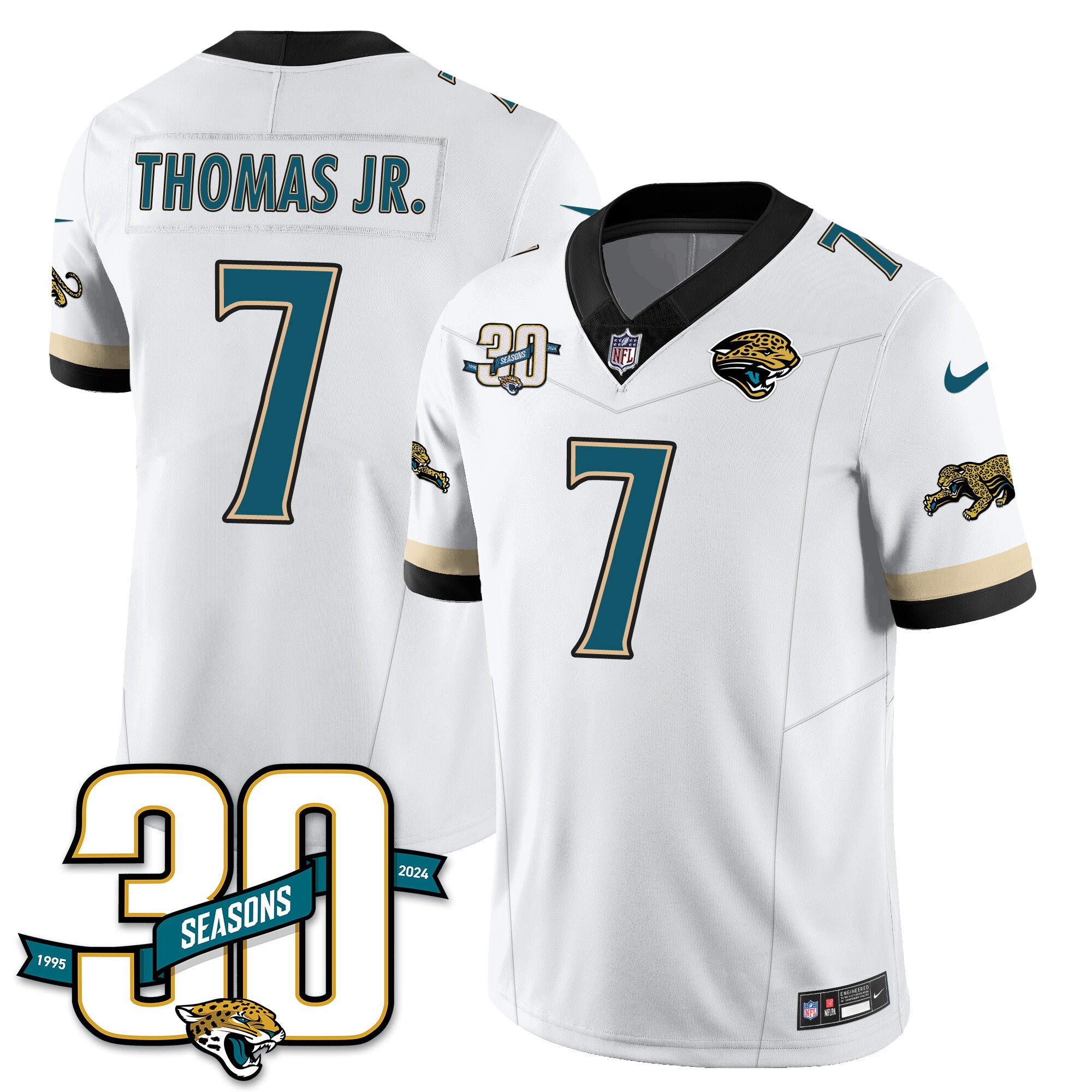 Jacksonville Jaguars 1990s Throwback Uniforms – All Stitched – White – Brian Thomas Jr. – 7 Jersey