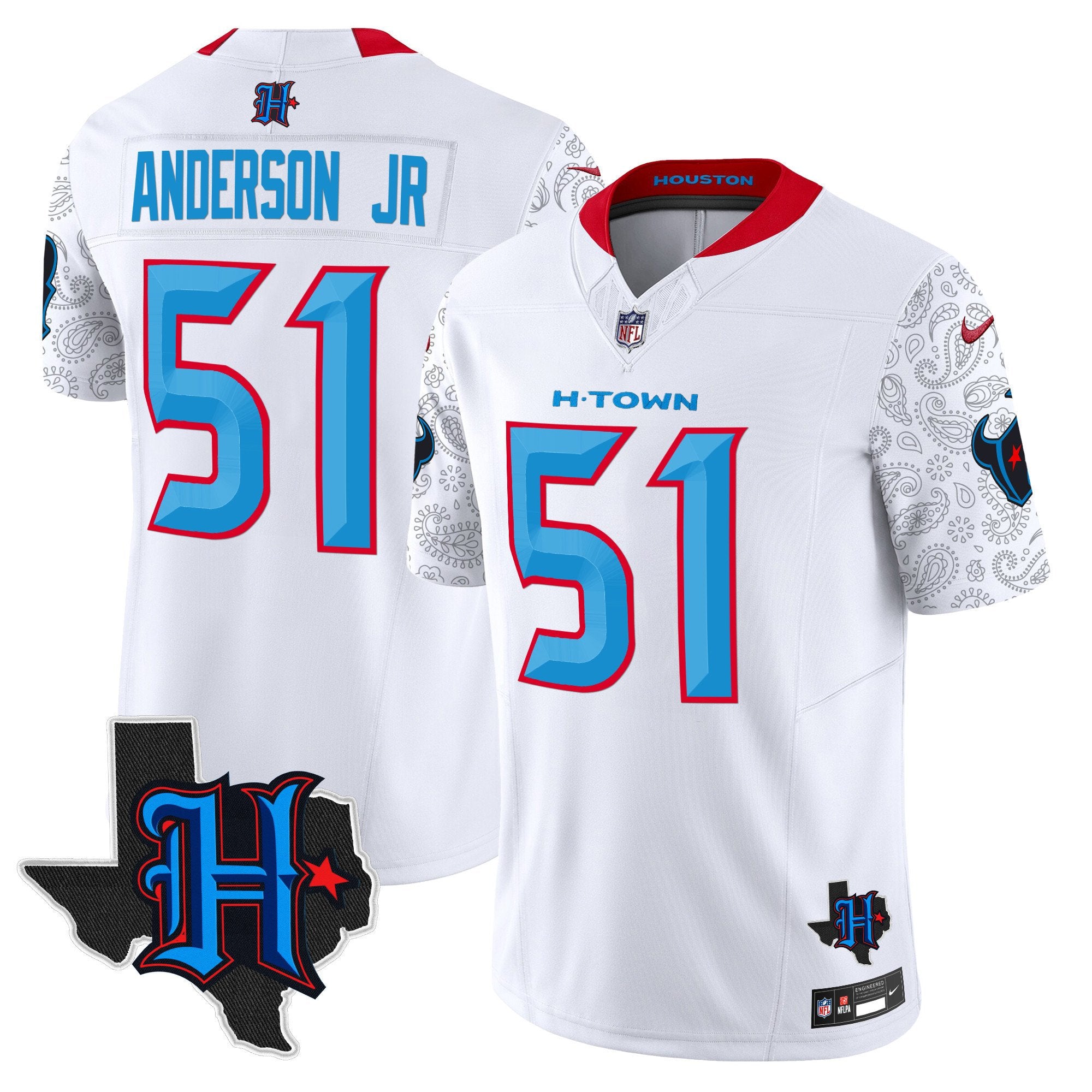 Houston Texans 2024 Texas Patch Vapor Limited Jersey V4 – All Stitched – White – Will Anderson Jr. Jersey