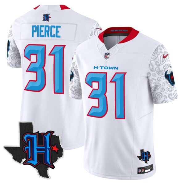 Houston Texans 2024 Texas Patch Vapor Limited Jersey V4 – All Stitched – White – Dameon Pierce Jersey