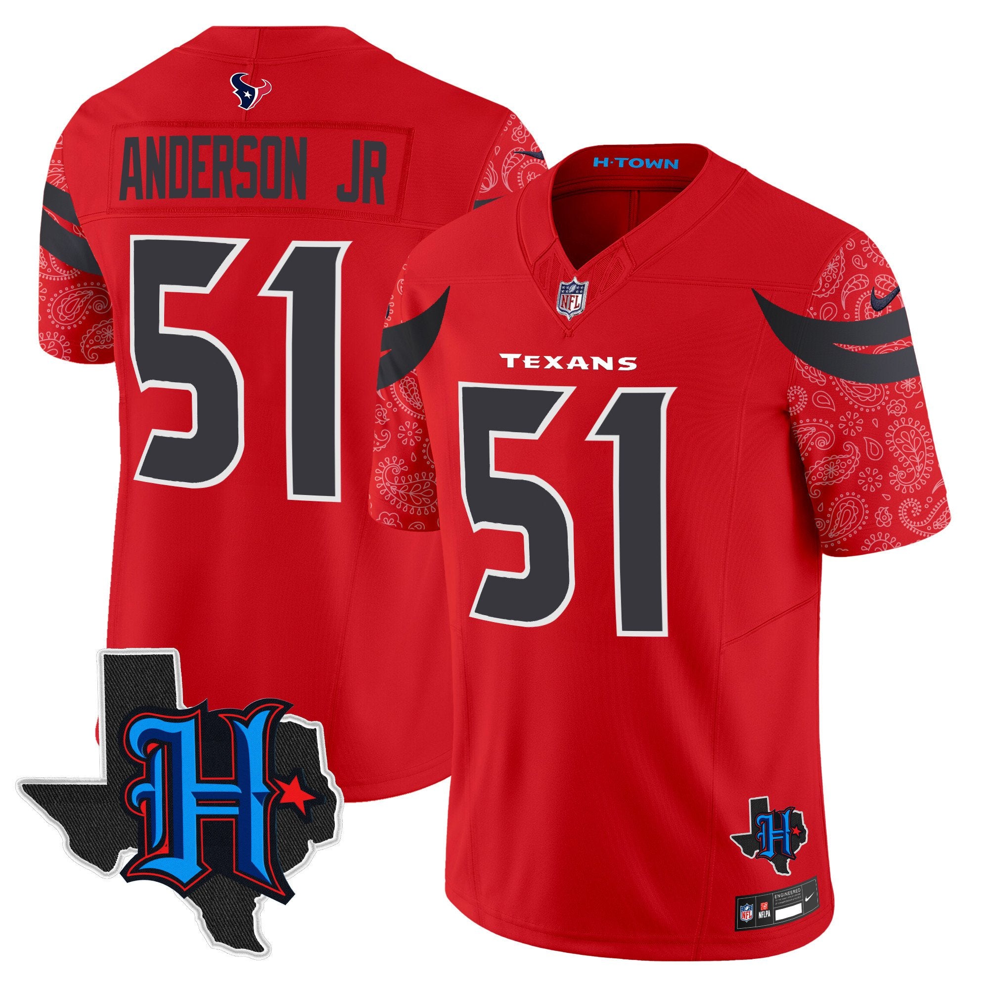 Houston Texans 2024 Texas Patch Vapor Limited Jersey V4 – All Stitched – Red – Will Anderson Jr. Jersey