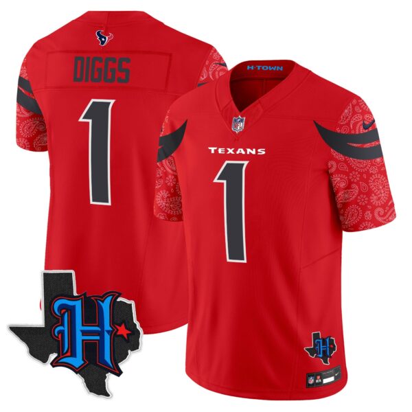 Houston Texans 2024 Texas Patch Vapor Limited Jersey V4 – All Stitched – Red – Stefon Diggs Jersey