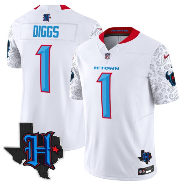 Houston Texans 2024 Texas Patch Vapor Limited Jersey V4 – All Stitched – White – Stefon Diggs Jersey