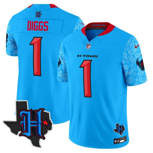 Houston Texans 2024 Texas Patch Vapor Limited Jersey V4 – All Stitched – Blue – Stefon Diggs Jersey
