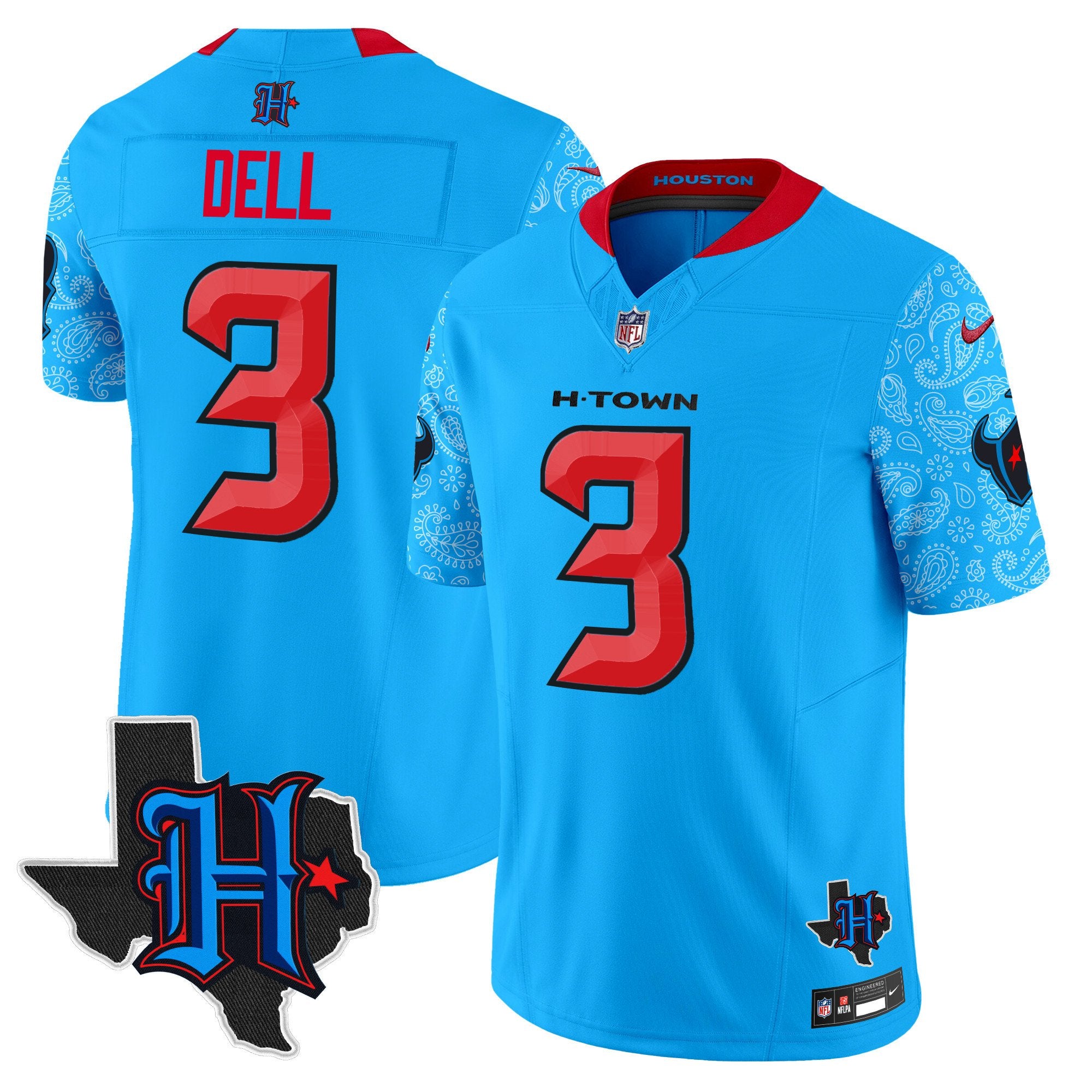 Houston Texans 2024 Texas Patch Vapor Limited Jersey V4 – All Stitched – Blue – Tank Dell Jersey